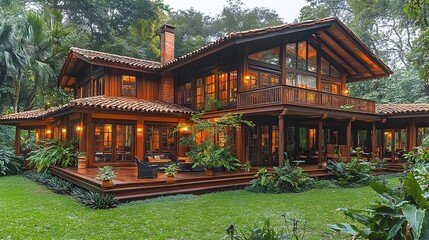 Obraz premium Elegant two-story wooden house with raised floor, spacious open area underneath, wraparound balcony, surrounded by lush greenery
