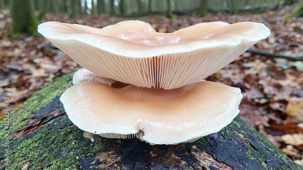 Poster close-up of a wild mushroom growing on a decaying log in a serene forest setting