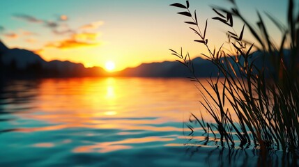 A serene sunset at a quiet lakeside.