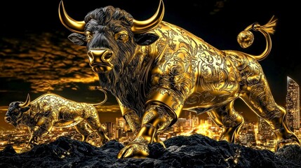 Majestic Golden Bison Standing Proudly Against a City Skyline