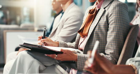 Presentation, audience and business people with notes in office listening to conference, training...