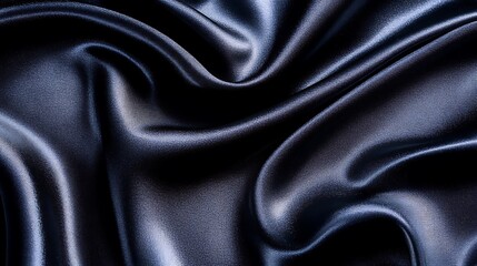 Detailed shot of black silk fabric with elegant folds, a shiny surface, and fine intricate patterns.
