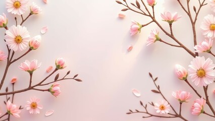 Spring blooming cherry blossoms on delicate branches with soft pastel background