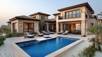 Fototapeta premium Desert villa poolside luxury, sunset view