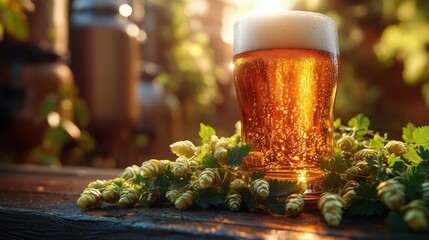 Rustic pale ale on wooden surface with hops and brewery backdrop evokes a warm atmosphere