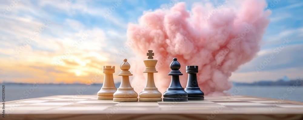 Poster mastering strategy a chessboard with key business elements as pieces, symbolizing the importance of 