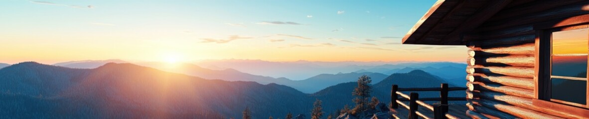 Obraz premium A serene sunset view from a mountaintop cabin.