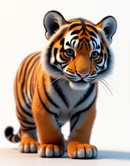 Obraz premium Playful 3D Cartoon Tiger with Big Eyes, Friendly Jungle Animal on White Background 