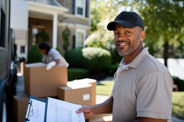 A delivery person smiles while handling packages outside a home, symbolizing professionalism and reliability in service. Ideal for themes of logistics and customer service.