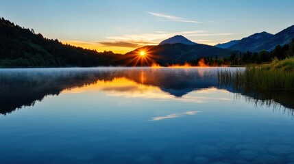 Fototapeta premium Serene mountain lake reflects vibrant sunset with mist rising gently
