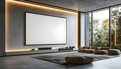 Fototapeta premium 3D Illustration Modern Living Room Interior Design with Blank Canvas, Concrete Walls, and Nature View