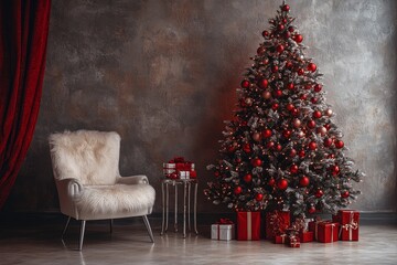 Obraz premium Red Christmas tree with armchair and gift boxes against gray walls, silver metal legs, mirrored table, and red curtain.