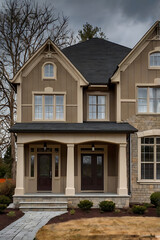 Obraz premium Luxury House Exterior: Modern Home Design with Classic Architecture. Beautiful Facade, Stonework, and Porch. Dream Home in Suburb.