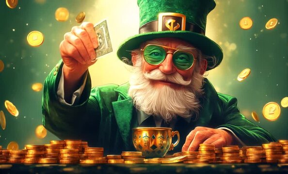 leprechaun wearing green hat and glasses guarding his gold coins treasure for st. Patrick's day