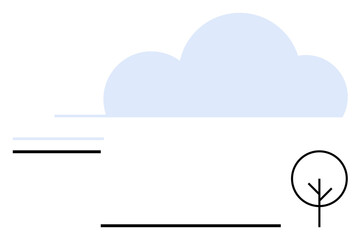 Cloud in soft blue with abstract tree and dynamic linear elements. Ideal for nature themes, weather concepts, eco-friendly design, simplicity, growth, lightness, tranquility, abstract line flat