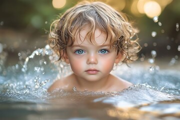 Child plays joyfully in sparkling water on a sunny day surrounded by nature