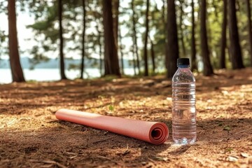 Naklejka premium Yoga Mat and Water Bottle in a Forest Setting