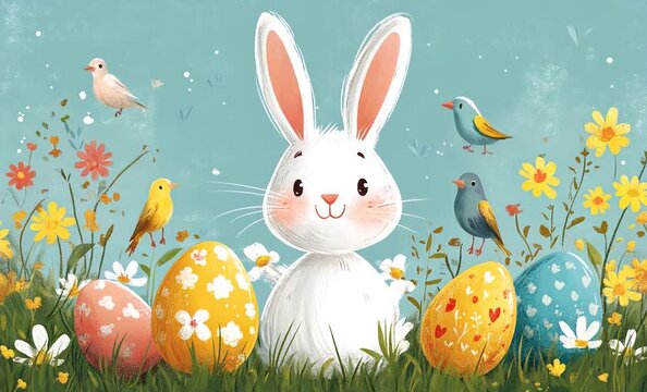  easter bunny enjoying spring meadow with colorful eggs and birds, perfect for easter celebrations and children's designs