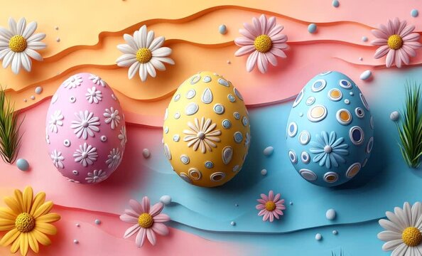 Pastel-colored easter eggs decorated with floral patterns and surrounded by daisies create a cheerful spring atmosphere