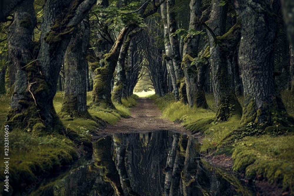 Aufkleber mossy trees creating a mystical tunnel in a dark forest with path reflecting in puddle