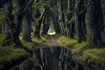 Mossy trees creating a mystical tunnel in a dark forest with path reflecting in puddle