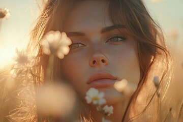 Fototapeta premium Woman with serene expression surrounded by blooming flowers in a golden field during sunset