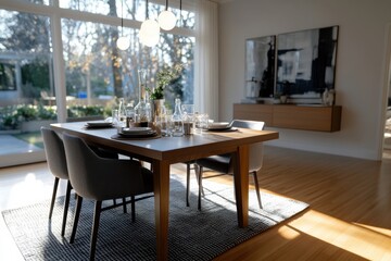 Obraz premium A bright dining room featuring a stylish table and thoughtful decor creates the perfect ambiance for gatherings, bathed in warm light and tranquility.