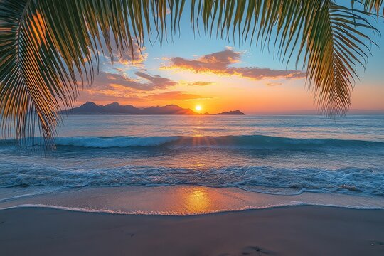 Sunset on Ensenada beach with palm leaves, waves, and vibrant sky, capturing nature&rsquo;s tranquility and beauty.