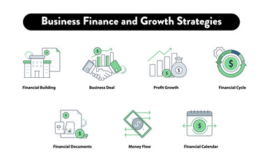 Business Finance and Growth Strategies. Financial Building with Document, Business Deal with Growth Chart, Profit Growth, Financial Cycle with Gear, Financial Documents, Money Flow, Financial Calendar
