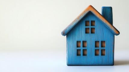 Intricate wooden toy house in pastel blue on solid white background