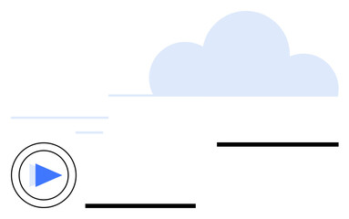 Blue play button inside a circle, minimalist cloud graphic, and dynamic black lines. Ideal for media, streaming, technology, creativity, cloud storage, simplicity abstract line flat metaphor