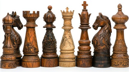 Vintage Wooden Chess Pieces Isolated on White Background