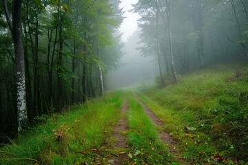 Obraz premium Grassy road disappearing into a mysterious foggy forest on a misty morning