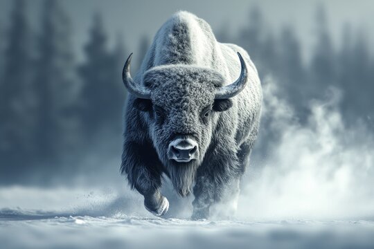 Majestic bison charging through snowy landscape in a tranquil winter setting