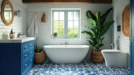 Fototapeta premium Modern bathroom with a white freestanding bathtub, blue cabinets, and patterned tile floor.