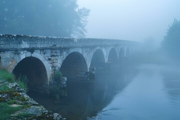 Old stone bridge crossing a misty river in the early morning, creating a serene and atmospheric scene