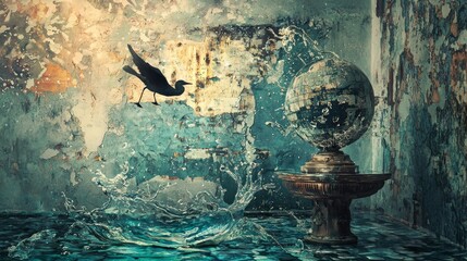 Surreal scene of water fountain under glowing mist