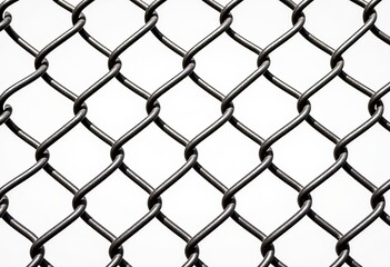 Industrial Silver Wire Fence: Seamless Chain Link Pattern, Close-Up Texture, White Background, Studio Lighting, Metallic Mesh, Repeating Links, Security Fencing