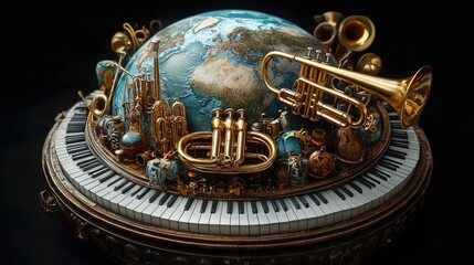 A globe surrounded by musical instruments sits on a grand piano, symbolizing the universal language of music.