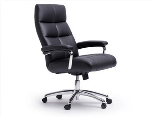 Fototapeta premium Modern black leather office chair, right-aligned, pure white background,, minimalist design, ergonomic furniture, executive seat, sleek armrests, swivel base with wheels.