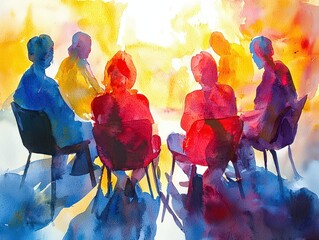 A watercolor painting of a group therapy session, symbolizing healing and support. Ideal for mental health resources and counseling.