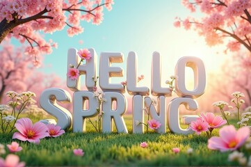 Hello spring text among cherry blossoms and sunlit flowers