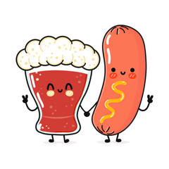 Beer and sausage cartoon friends on light blue background. Vector hand drawn cartoon kawaii characters, illustration icon. Funny cartoon glass of beer and sausage mascot character concept