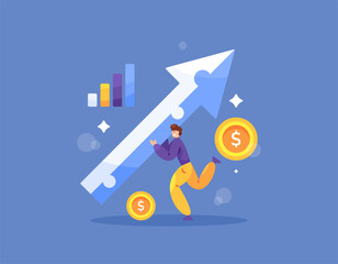 development and improvement concept. increase business, profit and income. illustration of a businessman holding an arrow up. profit, economy and finance. flat style design. elements