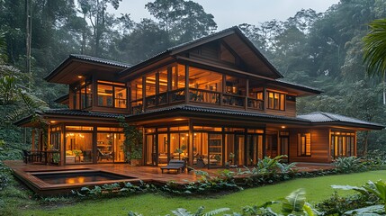 Fototapeta premium Stylish wooden home with raised stilts, complete wraparound balcony, inviting open lower section, situated in a quiet nature retreat