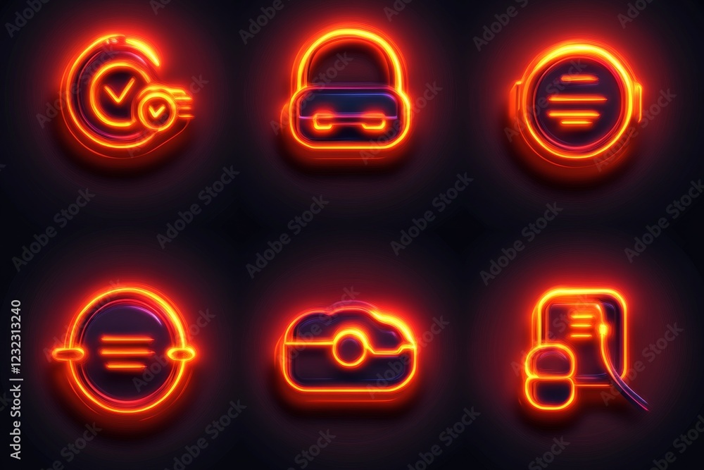 Poster neon icons representing digital tools and communication in a futuristic design with vivid colors