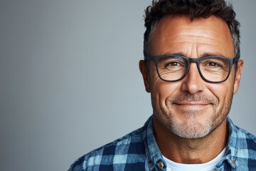 Friendly man with glasses smiling against a plain background in a casual outfit
