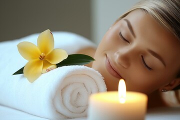 A serene moment of relaxation featuring a woman enjoying a spa treatment with candles.