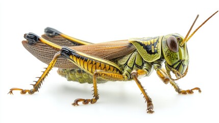 Fototapeta premium Detailed macro of a colorful grasshopper with wings and long antennas on white background