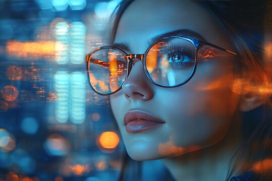 Young woman gazes thoughtfully through glasses, reflecting city lights at night in a vibrant urban setting